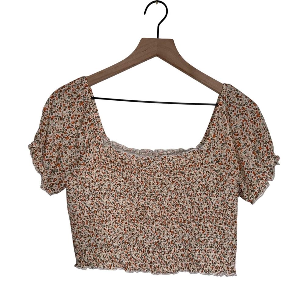 AERIE 70s floral print cropped cap sleeve Blue Multicolor Smocked Women’s Top S